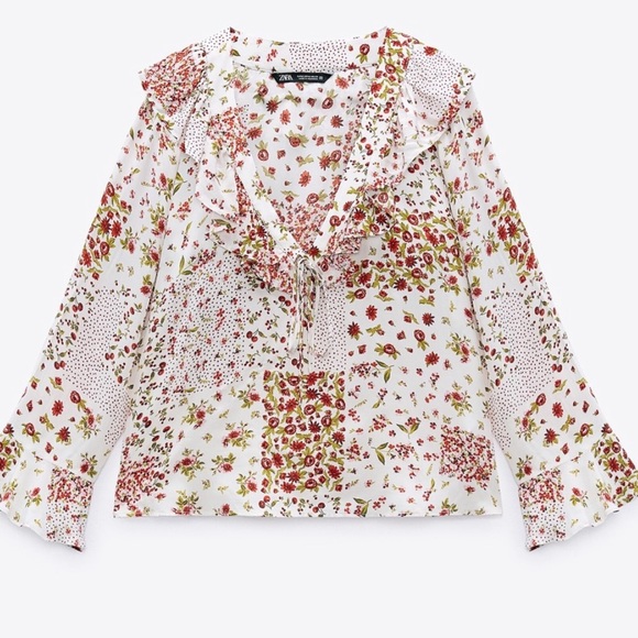 Zara cream white/red floral cherry ruffle v-neck blouse - Picture 3 of 10